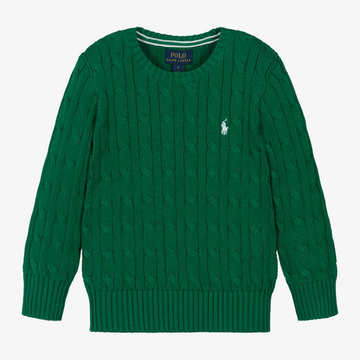 Ralph Lauren-Boys Green Cable Knit Cotton Sweater | Childrensalon