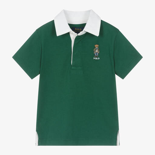 Ralph Lauren-Boys Green Cotton Polo Bear Rugby Shirt | Childrensalon