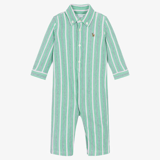 Ralph Lauren-Boys Green Striped Cotton Babygrow | Childrensalon
