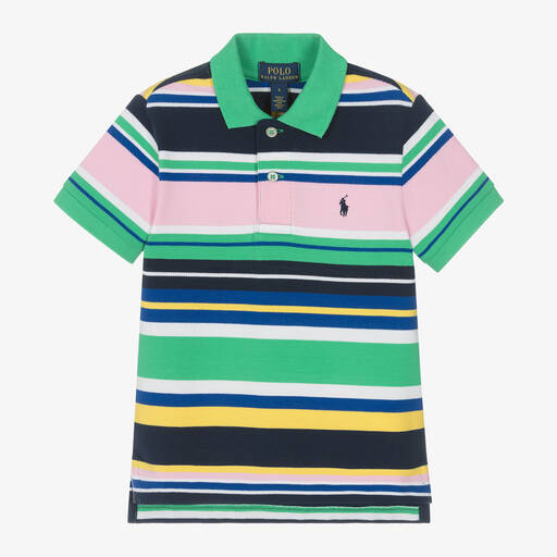 Ralph Lauren-Boys Green Striped Cotton Polo Shirt | Childrensalon