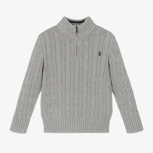 Ralph Lauren-Boys Grey Cable Knit Half-Zip Sweater | Childrensalon