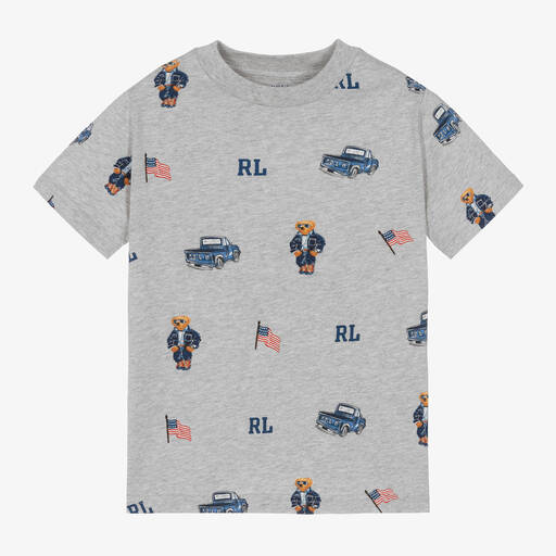 Ralph Lauren-Boys Grey Cotton Truck Bear T-Shirt | Childrensalon
