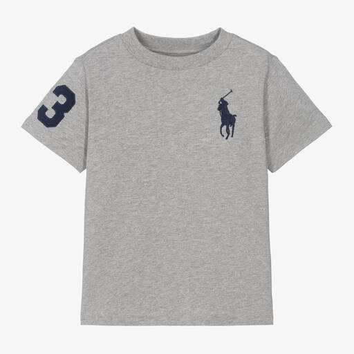 Ralph Lauren-Boys Grey Marl Cotton Big Pony T-Shirt | Childrensalon