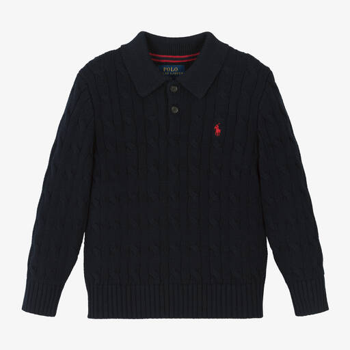 Ralph Lauren-Boys Navy Blue Cotton Cable Knit Sweater | Childrensalon