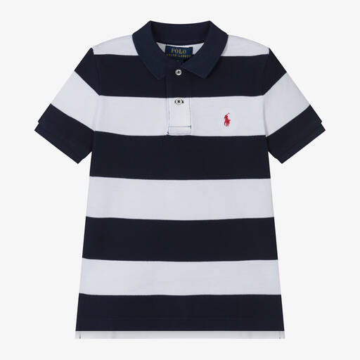 Ralph Lauren-Boys Navy Blue Cotton Stripe Polo Shirt | Childrensalon