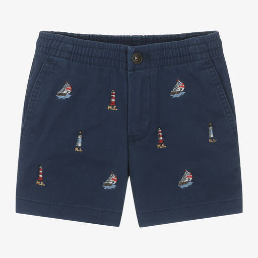 Ralph Lauren-Boys Navy Blue Embroidered Cotton Shorts | Childrensalon