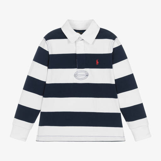 Ralph Lauren-Boys Navy Blue Stripe Cotton Rugby Shirt | Childrensalon