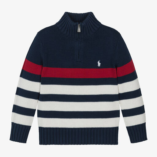 Ralph Lauren-Boys Navy Blue Striped Cotton Sweater | Childrensalon