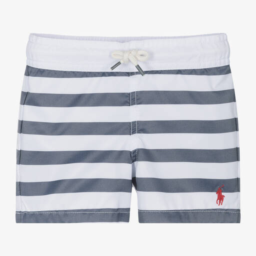 Ralph Lauren-Boys Navy Blue Striped Swim Shorts  | Childrensalon
