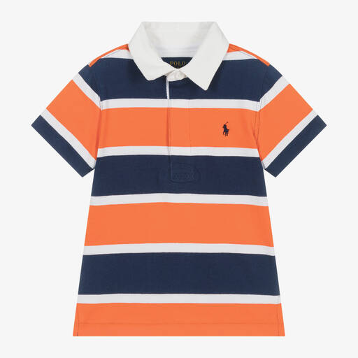 Ralph Lauren-Boys Orange Stripe Cotton Polo Shirt | Childrensalon