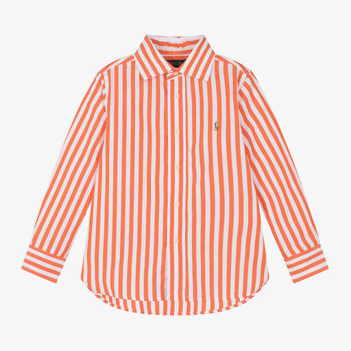 Ralph Lauren-قميص قطن مقلم لون برتقالي وأبيض للأولاد | Childrensalon