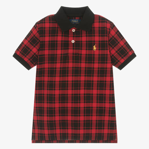 Ralph Lauren-Boys Red & Black Tartan Cotton Polo Shirt | Childrensalon