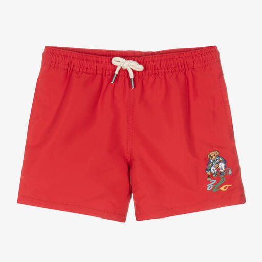 Ralph Lauren-Boys Red Polo Bear Swim Shorts | Childrensalon