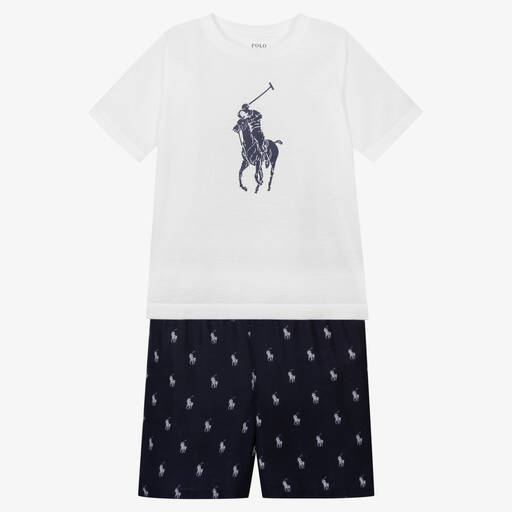 Ralph Lauren-Boys White & Blue Cotton Pony Pyjamas | Childrensalon