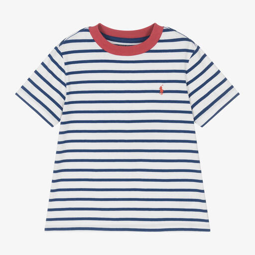 Ralph Lauren-Boys White & Blue Stripe Cotton T-Shirt | Childrensalon