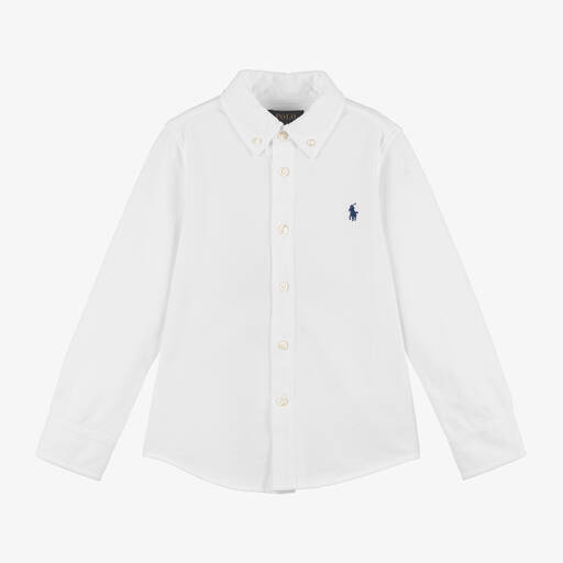 Ralph Lauren- Boys White Cotton Piqué Shirt | Childrensalon