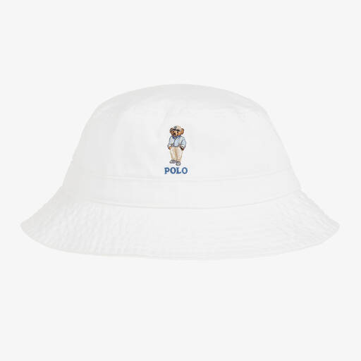 Ralph Lauren-Boys White Cotton Polo Bear Bucket Hat | Childrensalon