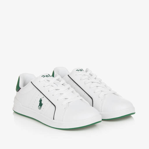Ralph Lauren-حذاء رياضي بأربطة جلد صناعي لون أبيض للأولاد | Childrensalon