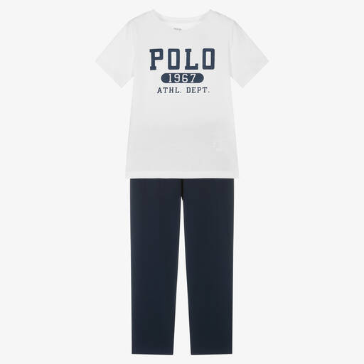 Ralph Lauren-Boys White & Navy Blue Cotton Pyjamas | Childrensalon