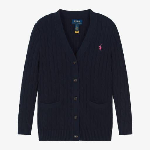 Ralph Lauren-Girls Blue Cotton Cable Knit Cardigan | Childrensalon