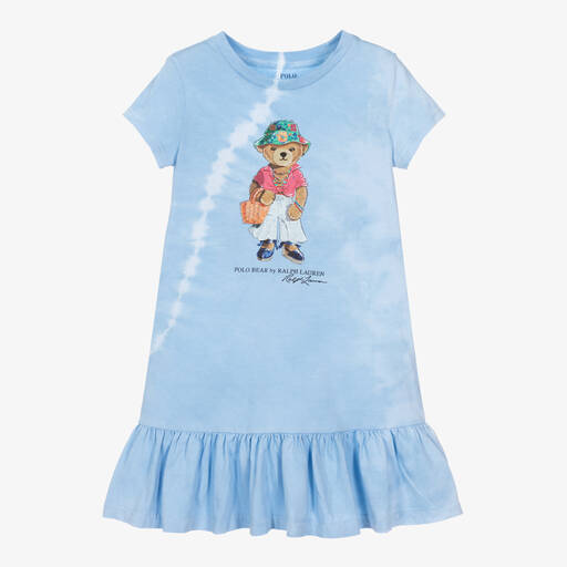 Ralph Lauren-Girls Blue Cotton Polo Bear Dress | Childrensalon