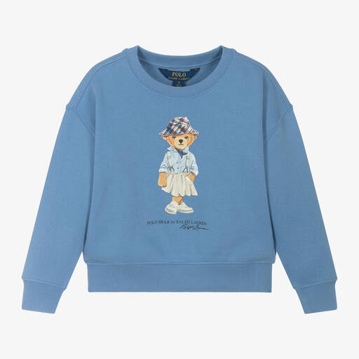 Ralph Lauren-Girls Blue Cotton Polo Bear Sweatshirt | Childrensalon