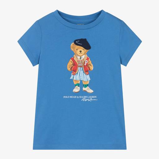 Ralph Lauren-Girls Blue Cotton Polo Bear T-Shirt | Childrensalon
