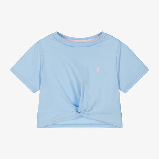 Ralph Lauren-Girls Blue Cotton Twist Front T-Shirt | Childrensalon