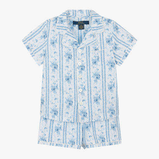 Ralph Lauren-Girls Blue Floral Cotton Short Pyjamas  | Childrensalon