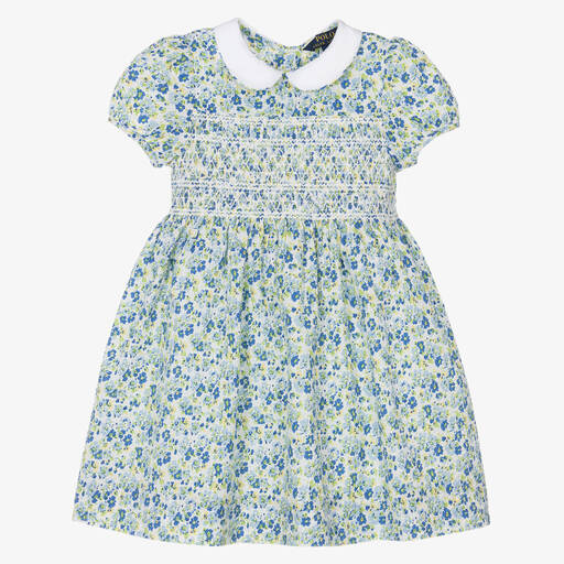 Ralph Lauren-Girls Blue Floral Print Seersucker Dress | Childrensalon