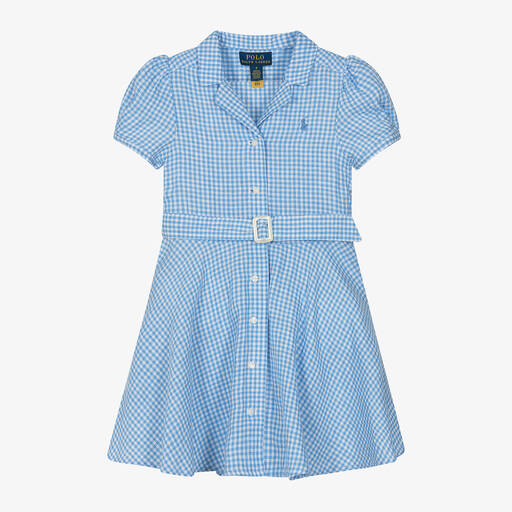 Ralph Lauren-Girls Blue Gingham Linen Dress | Childrensalon