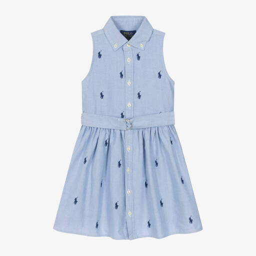 Ralph Lauren-Girls Blue Oxford Cotton Shirt Dress | Childrensalon