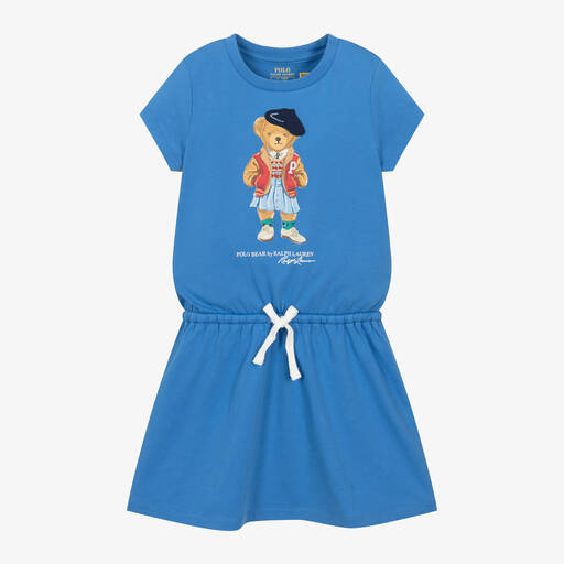 Ralph Lauren-Girls Blue Polo Bear Cotton Dress | Childrensalon