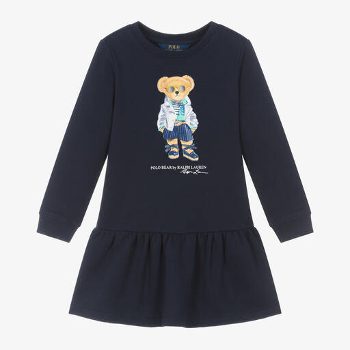 Ralph Lauren-Robe-sweat bleue Polo Bear fille | Childrensalon