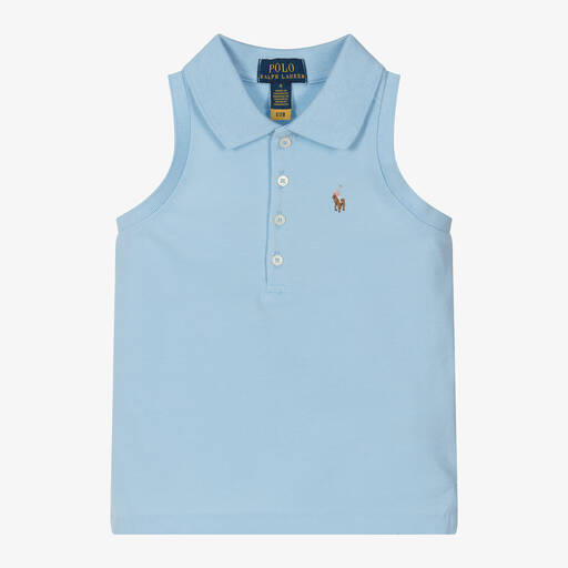 Ralph Lauren-Girls Blue Sleeveless Polo Shirt | Childrensalon