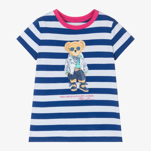 Ralph Lauren-Хлопковая футболка в синюю полоску с медвежонком | Childrensalon