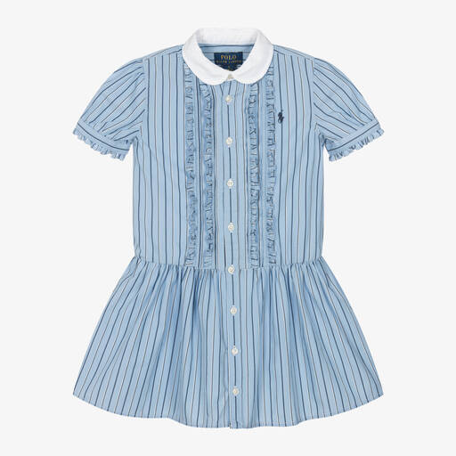 Ralph Lauren-Girls Blue Striped Cotton Dress | Childrensalon