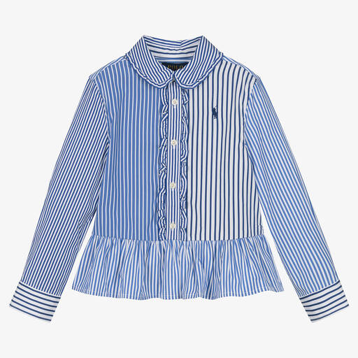 Ralph Lauren-Girls Blue Striped Cotton Shirt | Childrensalon