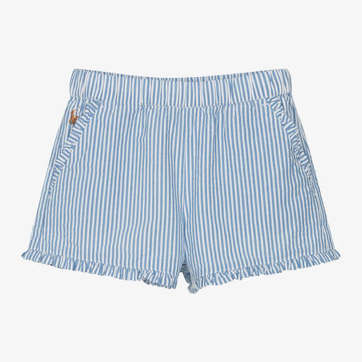 Ralph Lauren-Girls Blue & White Stripe Cotton Shorts | Childrensalon
