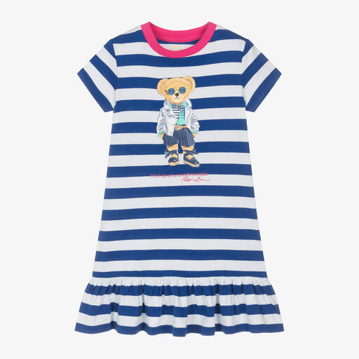 Ralph Lauren-Girls Blue & White Stripe Polo Bear Dress | Childrensalon