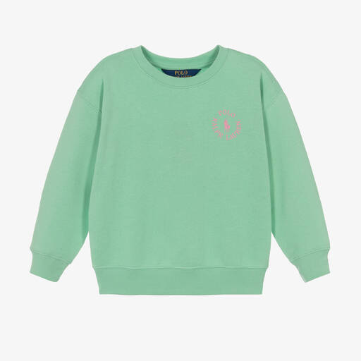 Ralph Lauren-Girls Green Cotton Logo Sweatshirt | Childrensalon