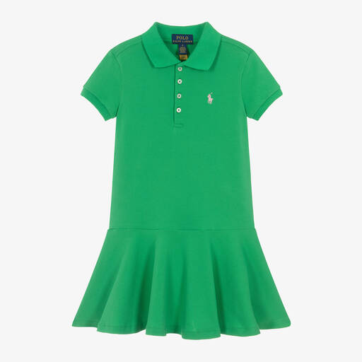 Ralph Lauren-Girls Green Cotton Polo Dress | Childrensalon