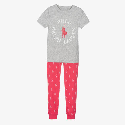 Ralph Lauren-Girls Grey & Pink Cotton Polo Pyjamas | Childrensalon