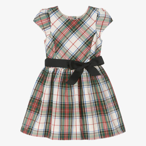 Ralph Lauren-Girls Ivory & Green Tartan Taffeta Dress | Childrensalon