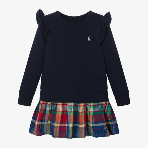 Ralph Lauren-Girls Navy Blue Check Sweatshirt Dress | Childrensalon