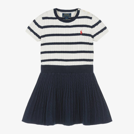 Ralph Lauren-Girls Navy Blue Cotton Cable Knit Skirt Set | Childrensalon