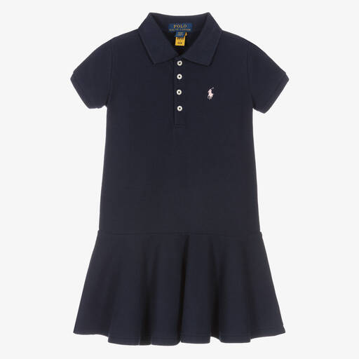 Ralph Lauren-Girls Navy Blue Cotton Polo Dress | Childrensalon