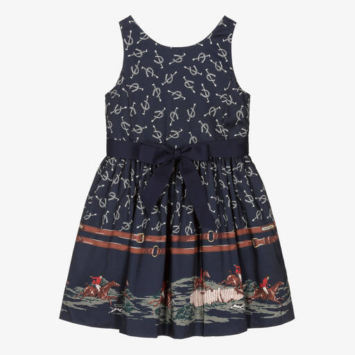 Ralph Lauren-Girls Navy Blue Horse Print Dress | Childrensalon