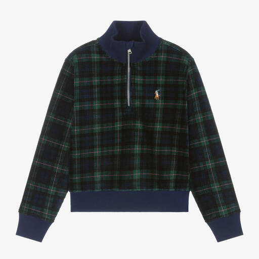 Ralph Lauren-Girls Navy Blue Tartan Corduroy Zip-Up Top | Childrensalon