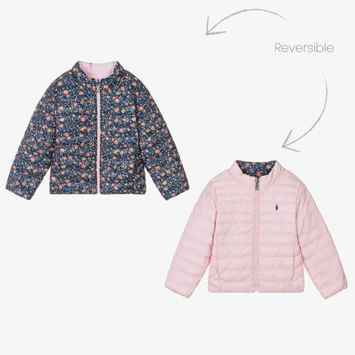 Ralph Lauren-Girls Pink & Blue Floral Reversible Jacket | Childrensalon